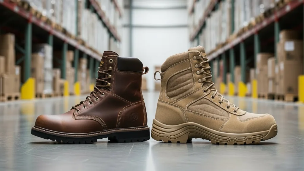 A pair of industrial safety shoes, one steel toe and one composite toe, on a warehouse floor