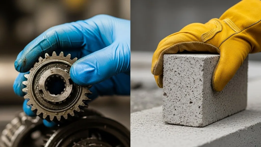 Comparison of chemical resistant Nitrile gloves vs durable Leather work gloves