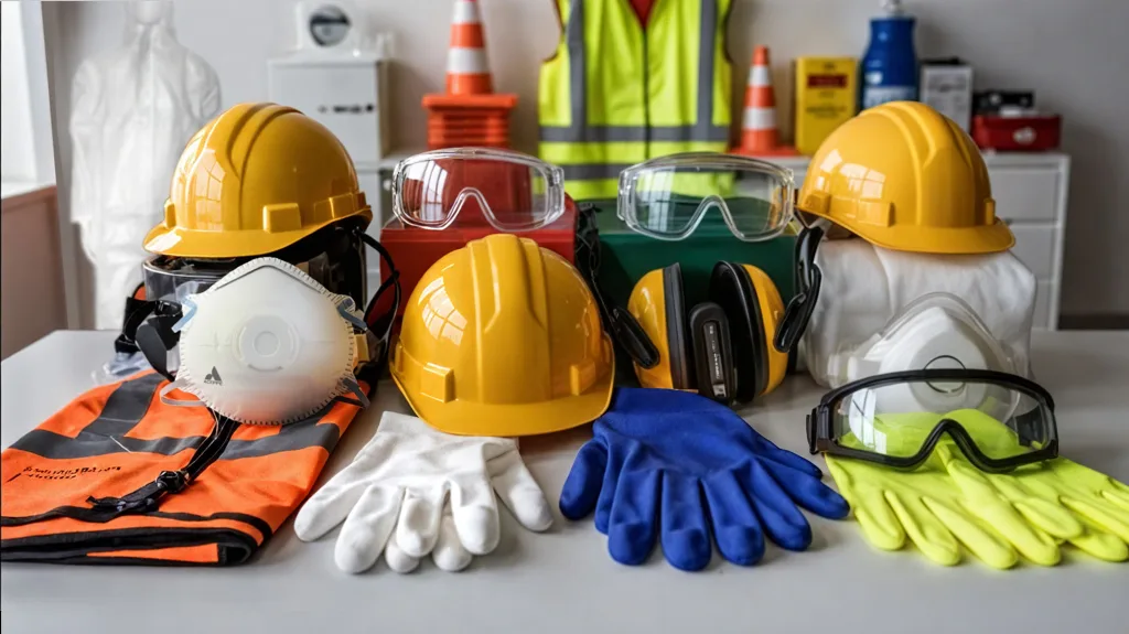 Collection of PPE safety gear including gloves and masks and helmets