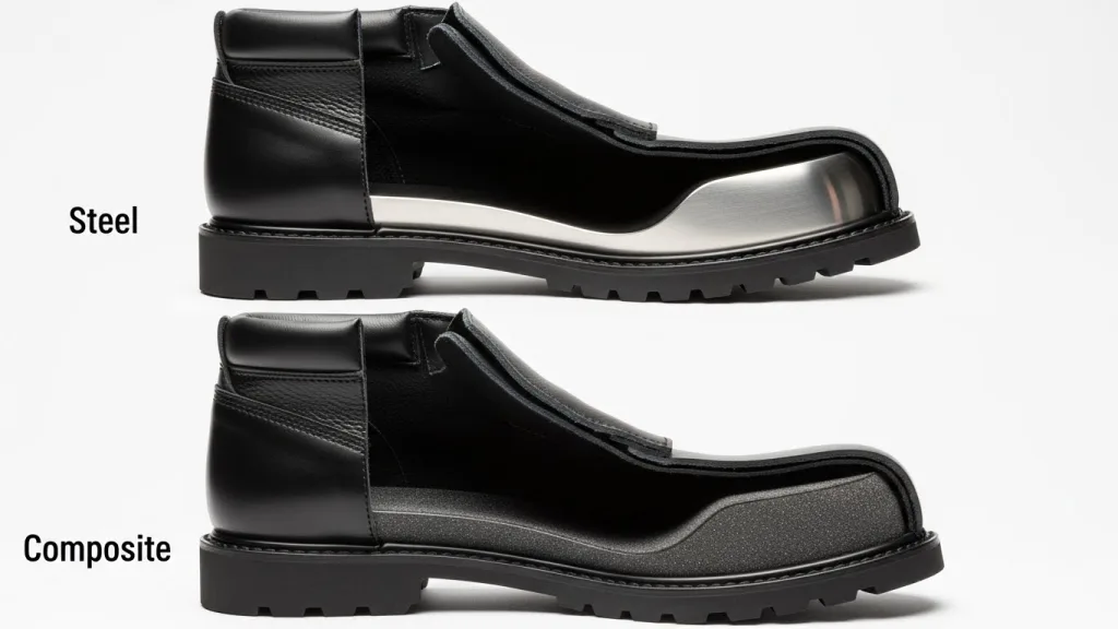 Cutaway diagram of safety shoe showing internal steel and composite toe cap protection