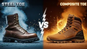 Steel toe boot vs composite toe safety shoe comparison graphic for industrial safety