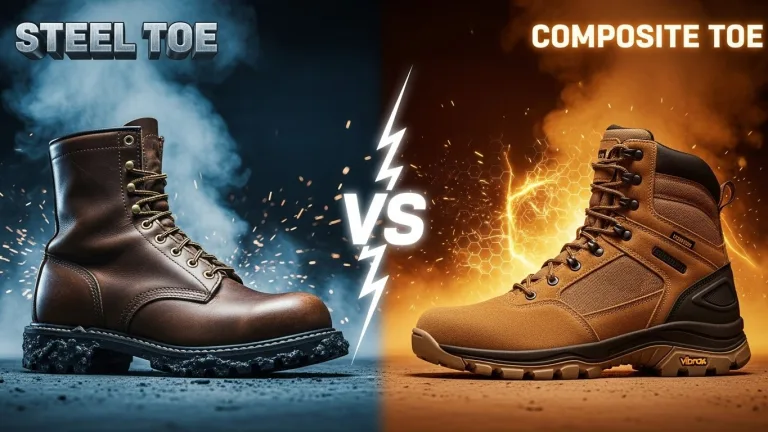 Steel toe boot vs composite toe safety shoe comparison graphic for industrial safety