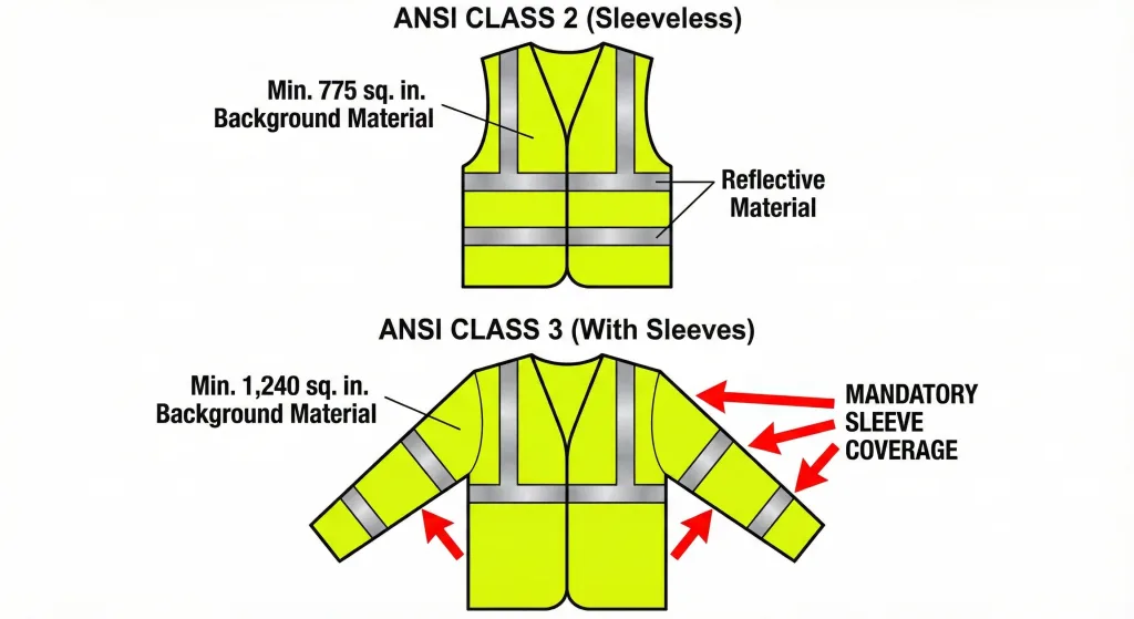 Technical diagram illustrating the required background and reflective material coverage areas for ANSI Class 2 vs Class 3 standards.
