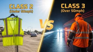 Split screen graphic comparing ANSI Class 2 sleeveless vest for moderate traffic vs Class 3 safety jacket with sleeves for high speed traffic.