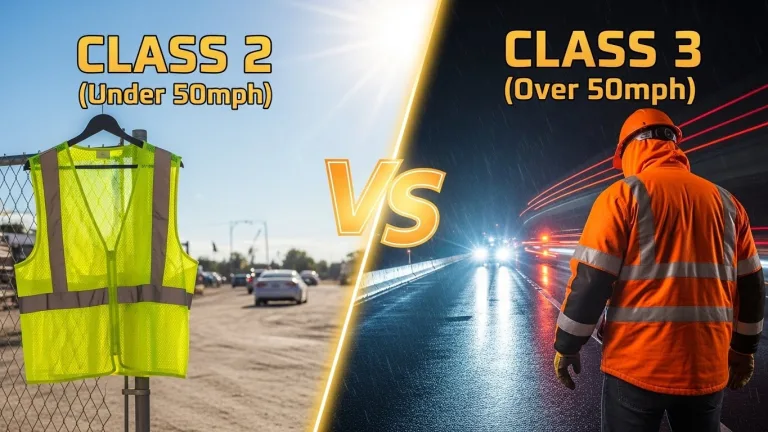 Split screen graphic comparing ANSI Class 2 sleeveless vest for moderate traffic vs Class 3 safety jacket with sleeves for high speed traffic.
