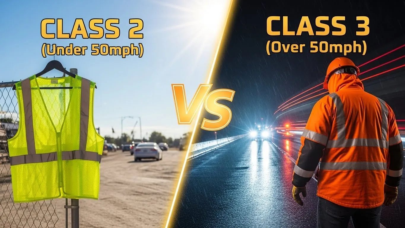Split screen graphic comparing ANSI Class 2 sleeveless vest for moderate traffic vs Class 3 safety jacket with sleeves for high speed traffic.