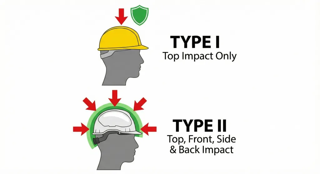 Technical diagram illustrating ANSI Z89.1 Type I (top impact) vs Type II (side impact) protection zones.