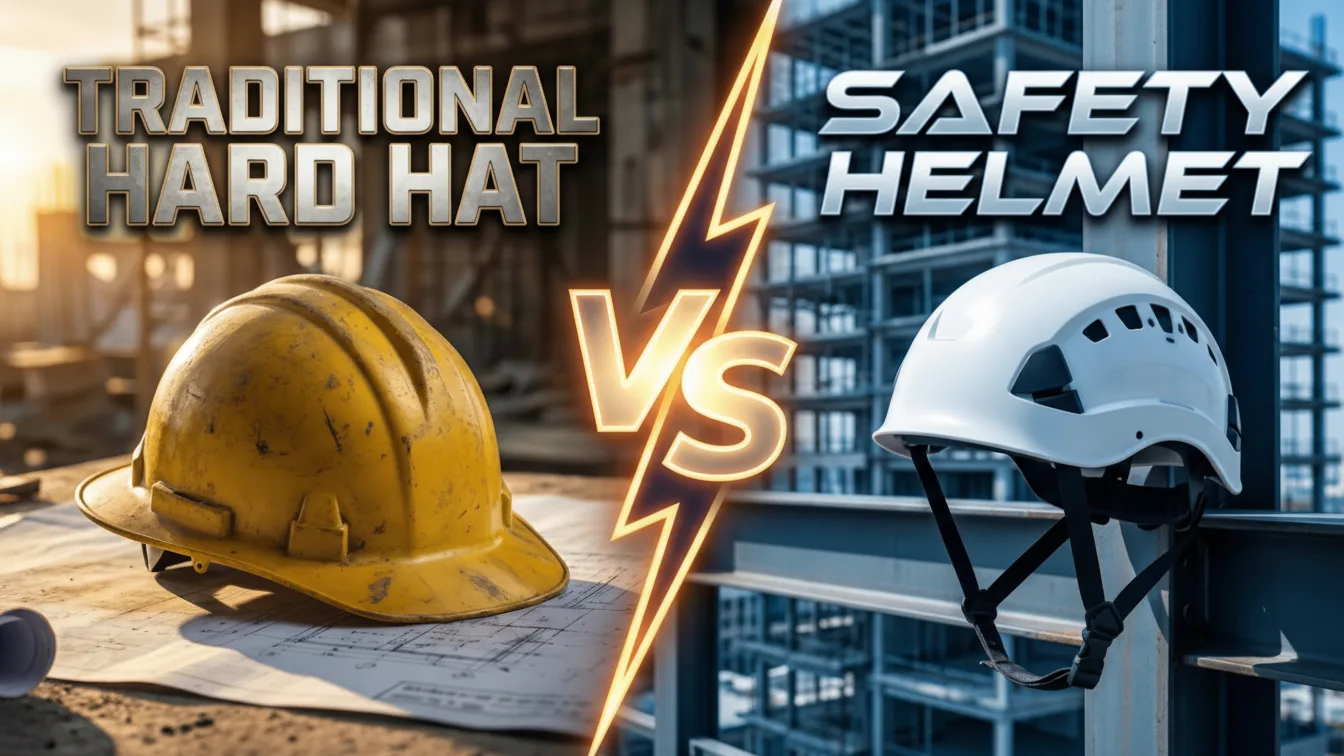 Dramatic split-screen graphic comparing a traditional yellow hard hat vs a modern white safety helmet for construction.