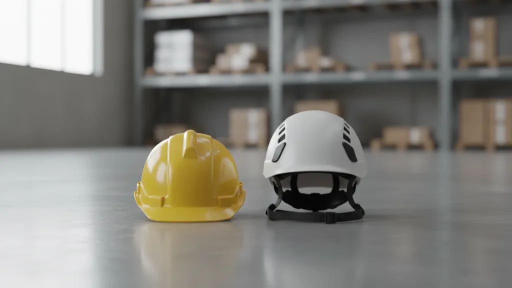 Two types of head protection, a standard hard hatS and a modern safety helmet, sitting side-by-side on a concrete surface. (Hard Hats vs Safety Helmets)