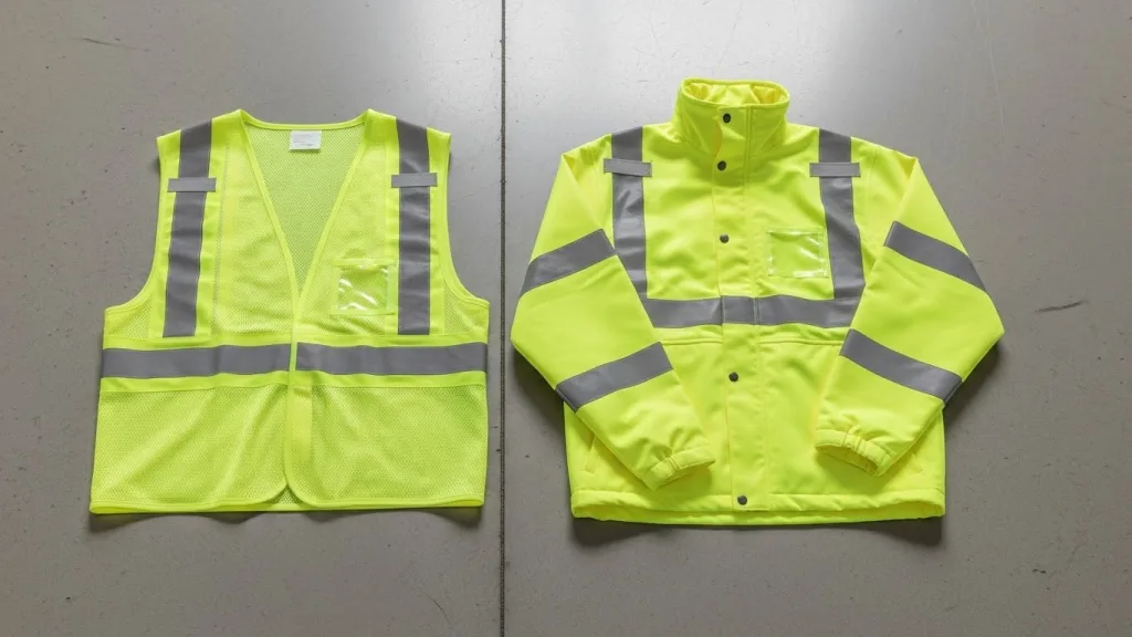 Professional studio photograph of an ANSI Class 2 sleeveless vest and a Class 3 sleeved jacket laid side-by-side.