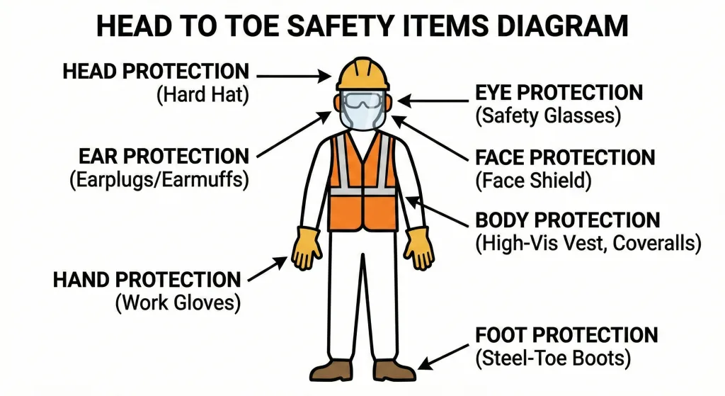 Flat lay collection of essential PPE safety gear including a white hard hat, neon yellow safety vest, nitrile gloves, and work boots arranged neatly on a white background.