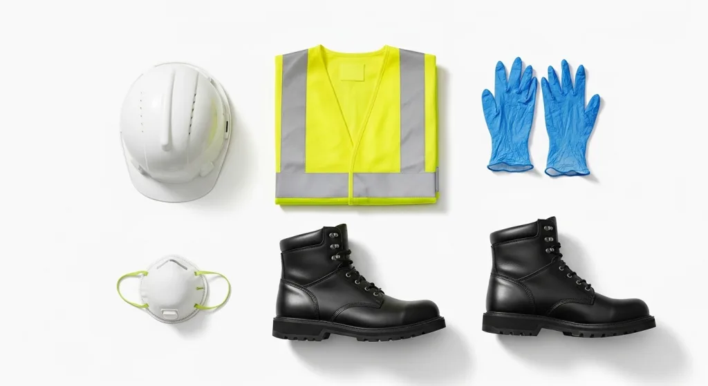 Flat lay collection of essential PPE safety gear including a white hard hat, neon yellow safety vest, nitrile gloves, N95 mask, and work boots arranged neatly on a white background.