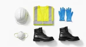 Flat lay collection of essential PPE safety gear including a white hard hat, neon yellow safety vest, nitrile gloves, N95 mask, and work boots arranged neatly on a white background.