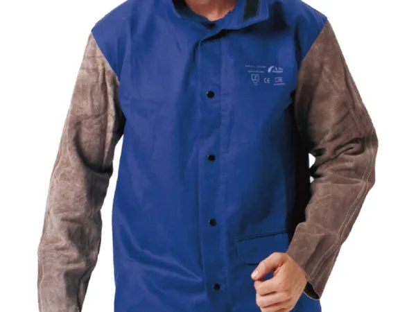 Blue Flame-Retardant Fabric Welding Jacket with Charcoal Gray Leather Sleeves