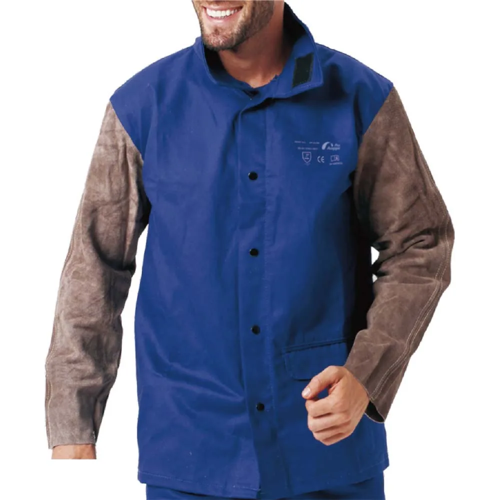 Blue Flame-Retardant Fabric Welding Jacket with Charcoal Gray Leather Sleeves