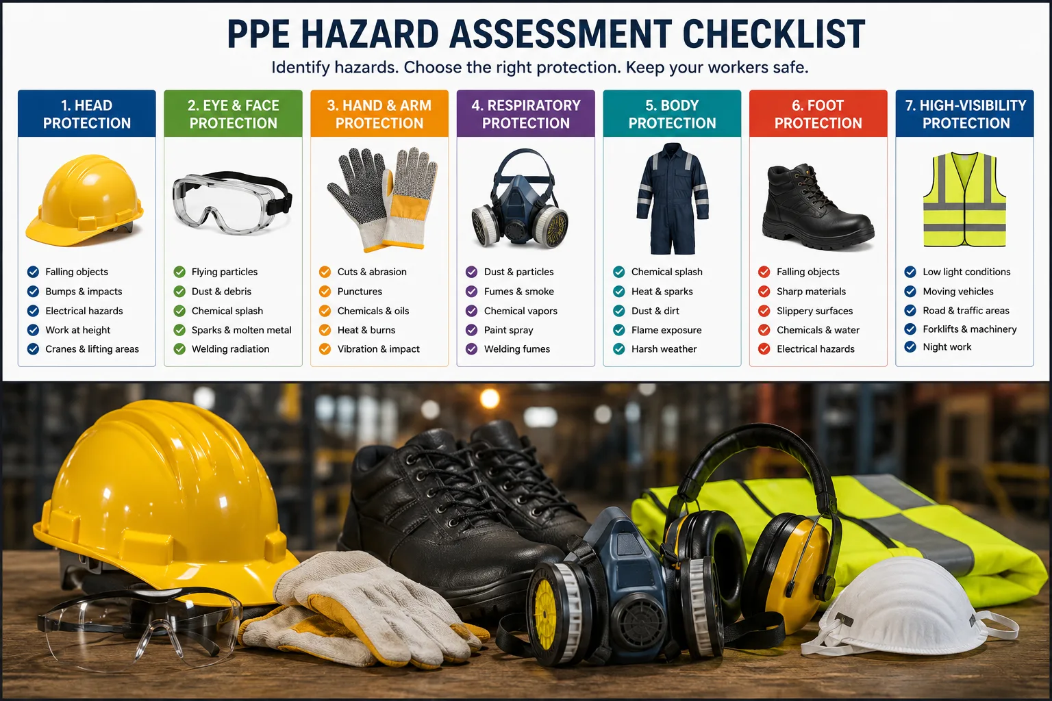 Alt text: PPE hazard assessment checklist showing head, eye, hand, respiratory, body, foot and high-visibility protection