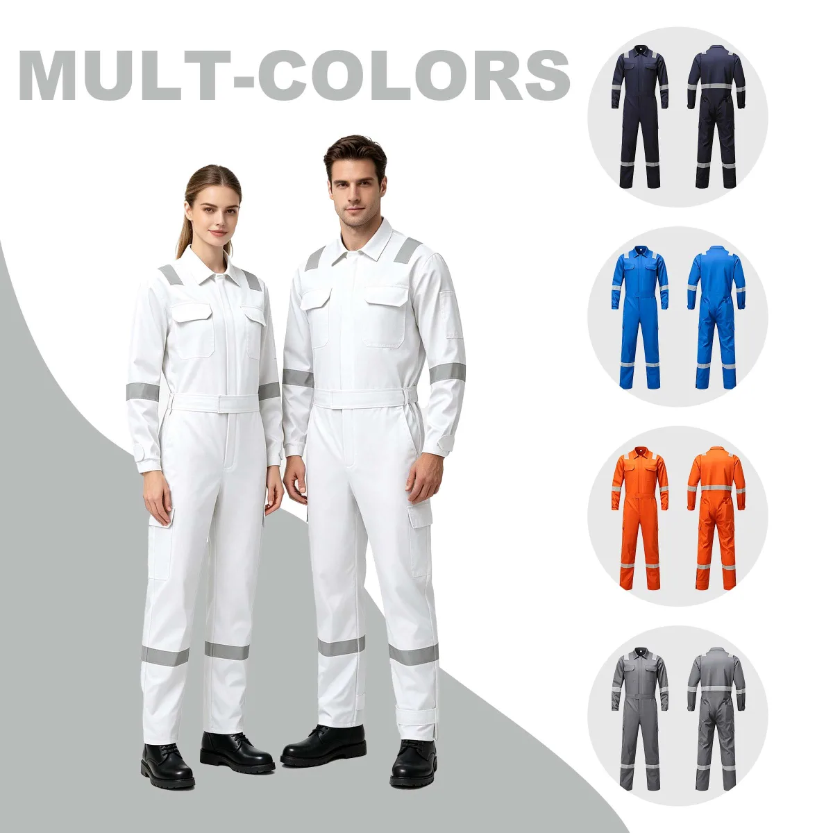 One-piece work suit with reflective strips