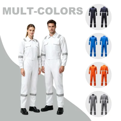 One-piece work suit with reflective strips