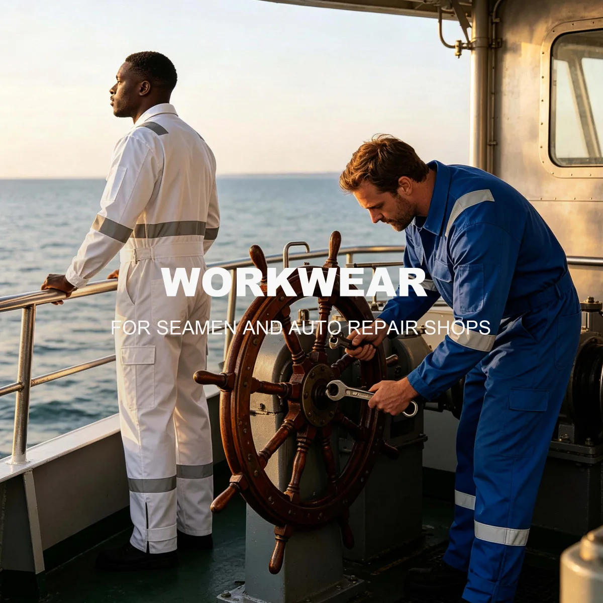 One-piece work suit with reflective strips