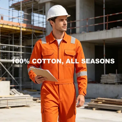 One-piece work suit with reflective strips
