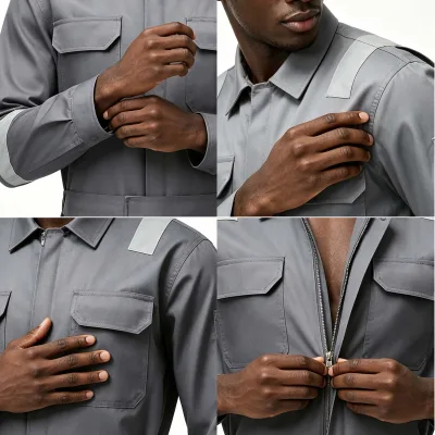 One-piece work suit with reflective strips