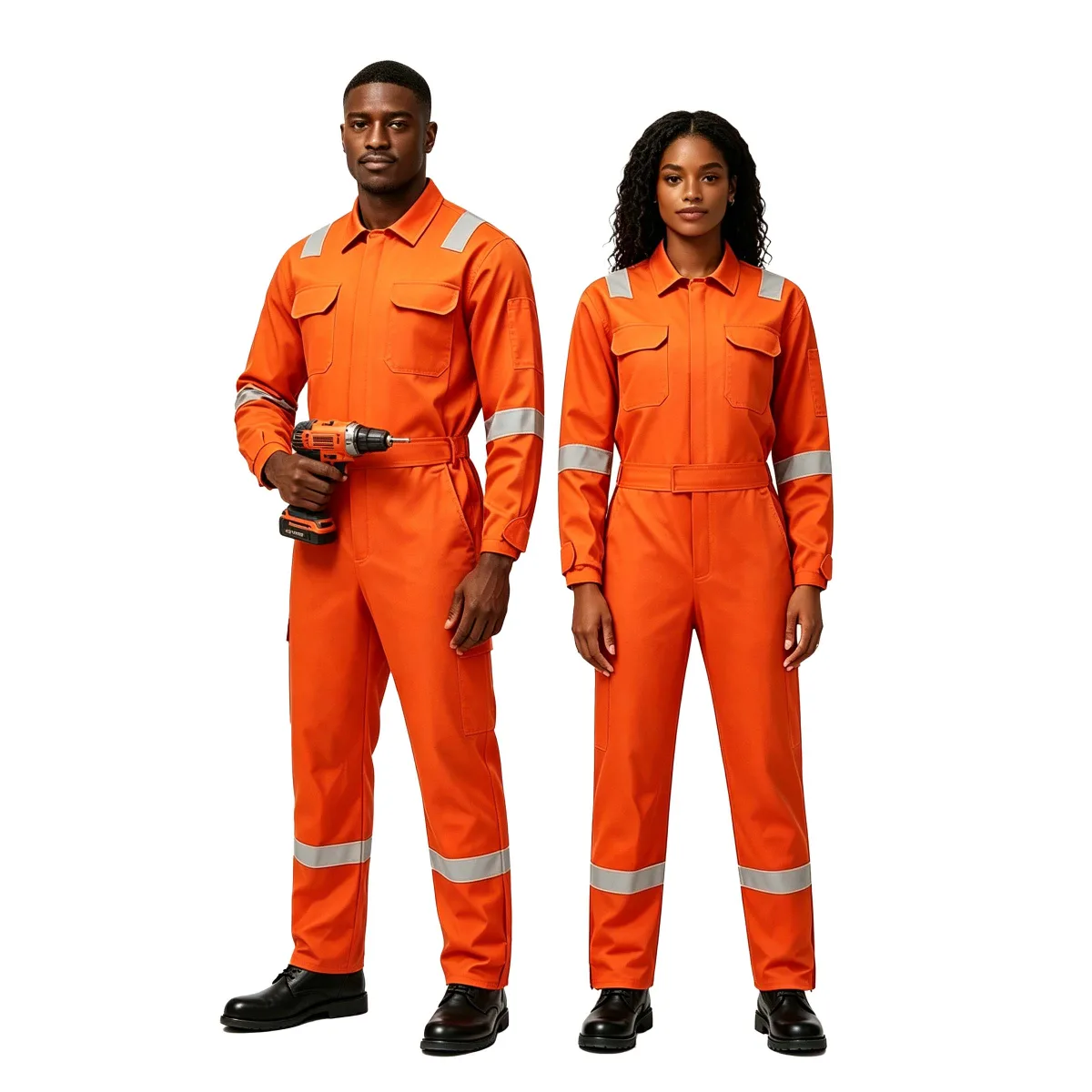 One-piece work suit with reflective strips