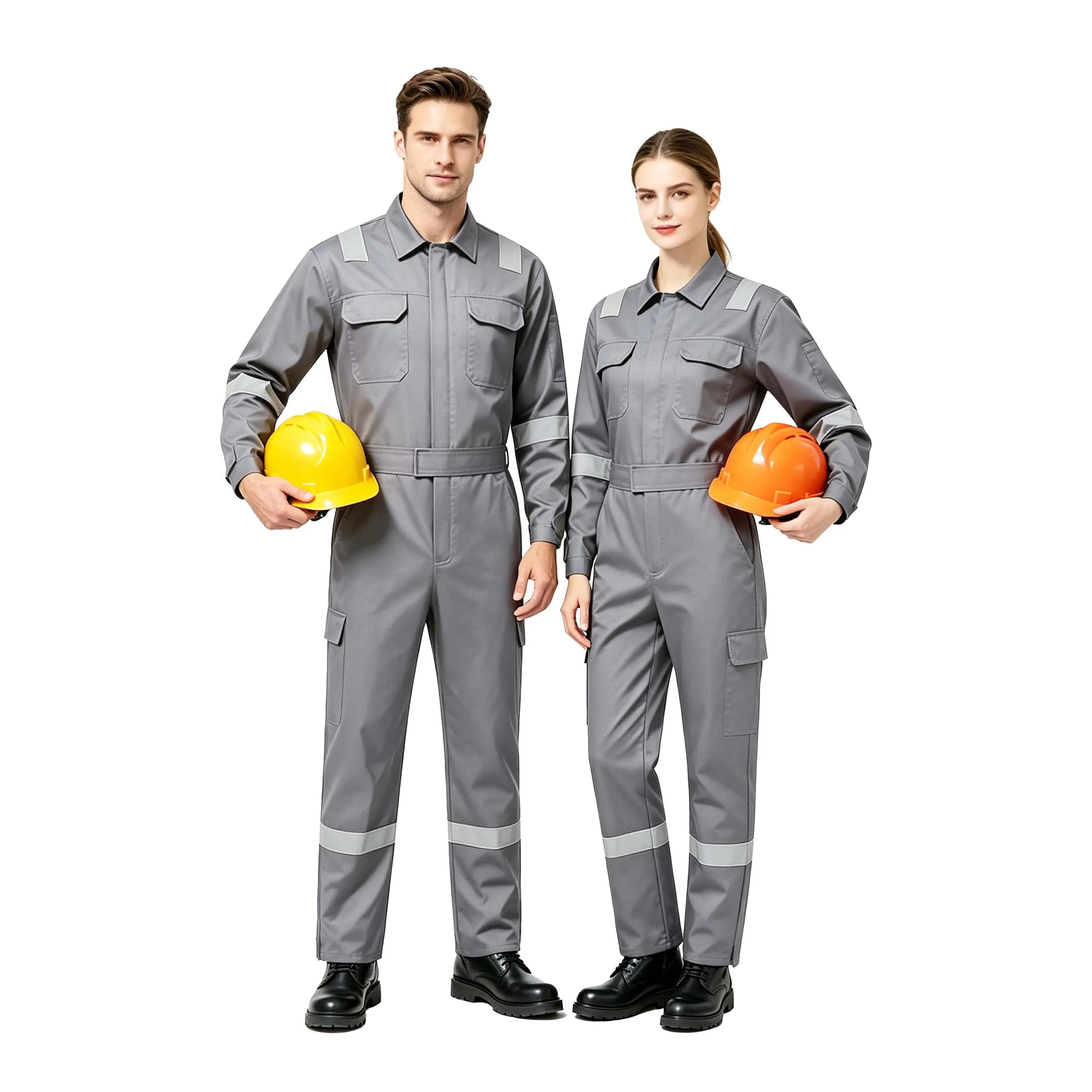 Grey industrial workwear coveralls with reflective strips for men and women