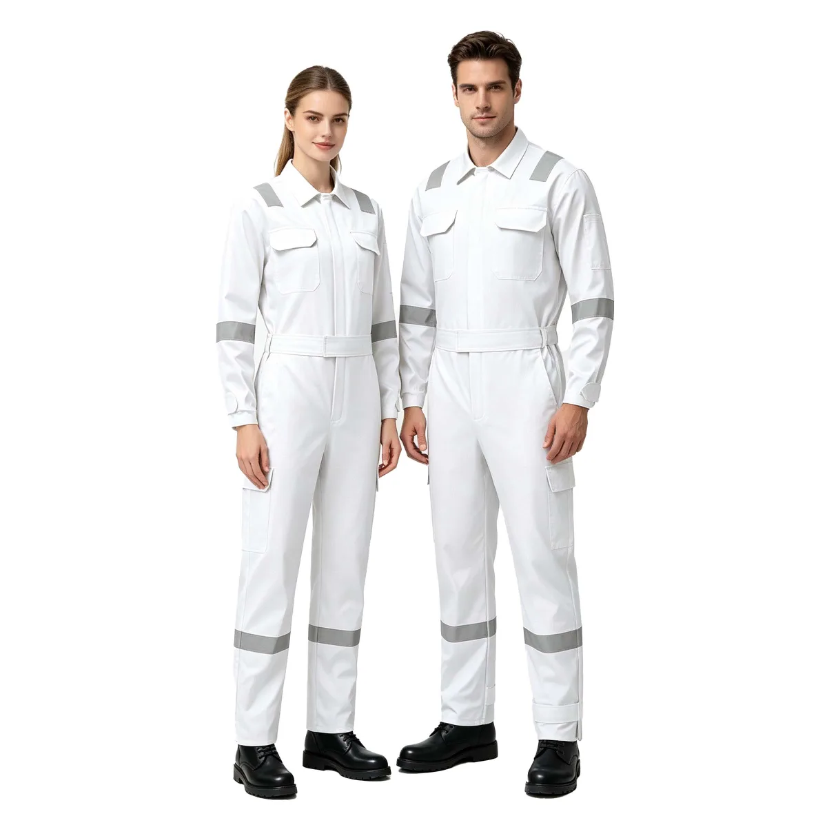 One-piece work suit with reflective strips