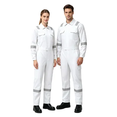 One-piece work suit with reflective strips