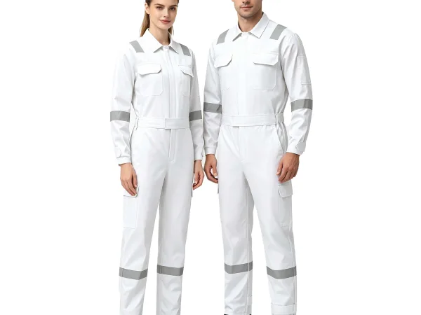 One-piece work suit with reflective strips