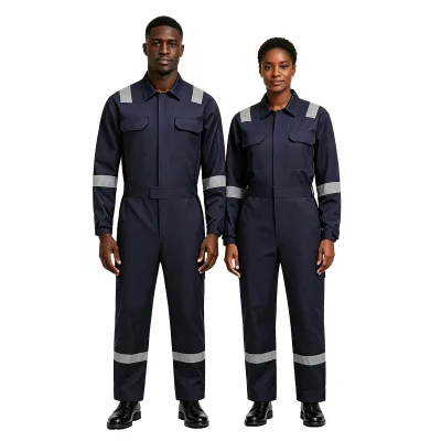 One-piece work suit with reflective strips
