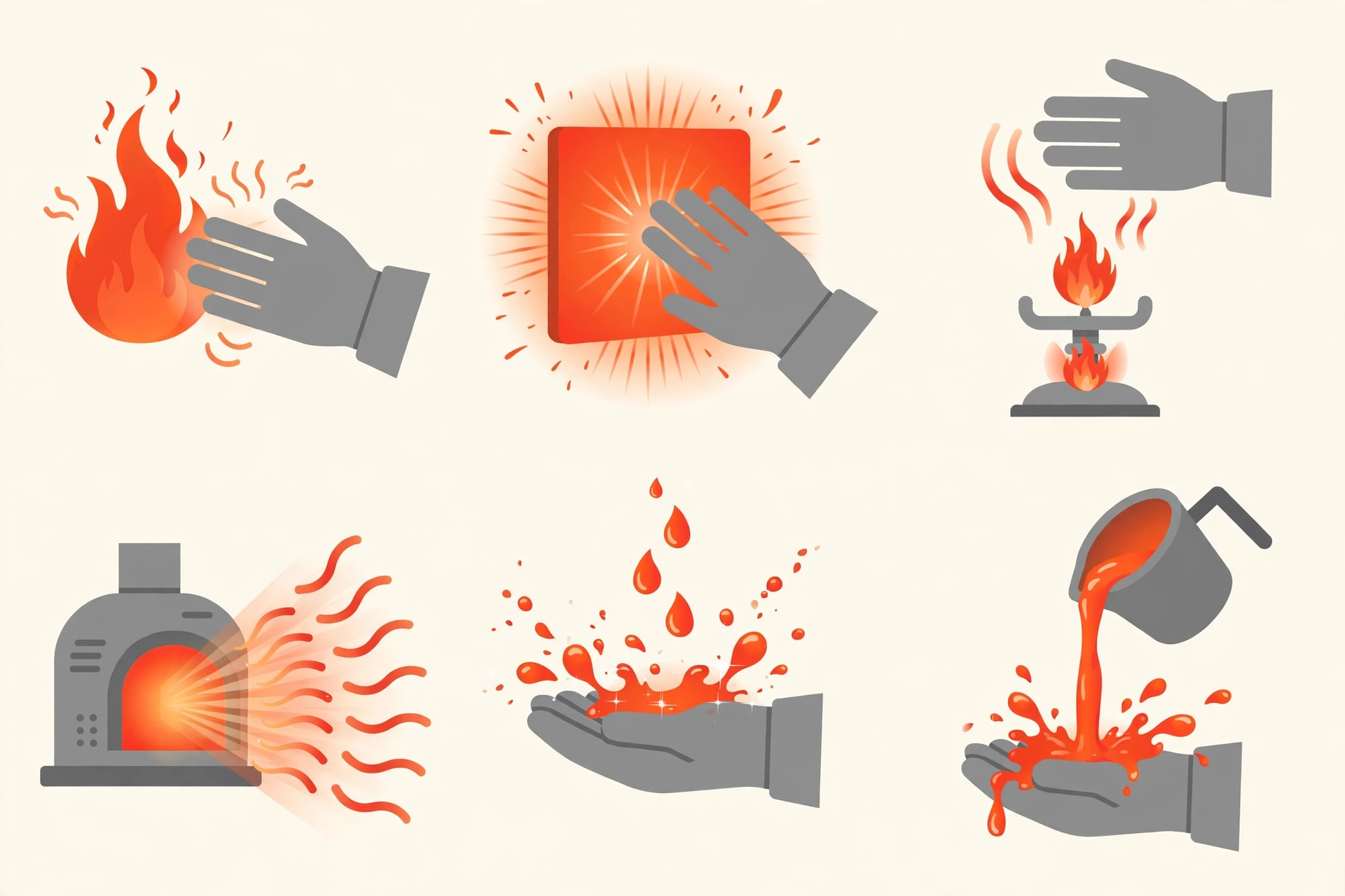 Diagram of the six EN 407 thermal protection tests for safety gloves