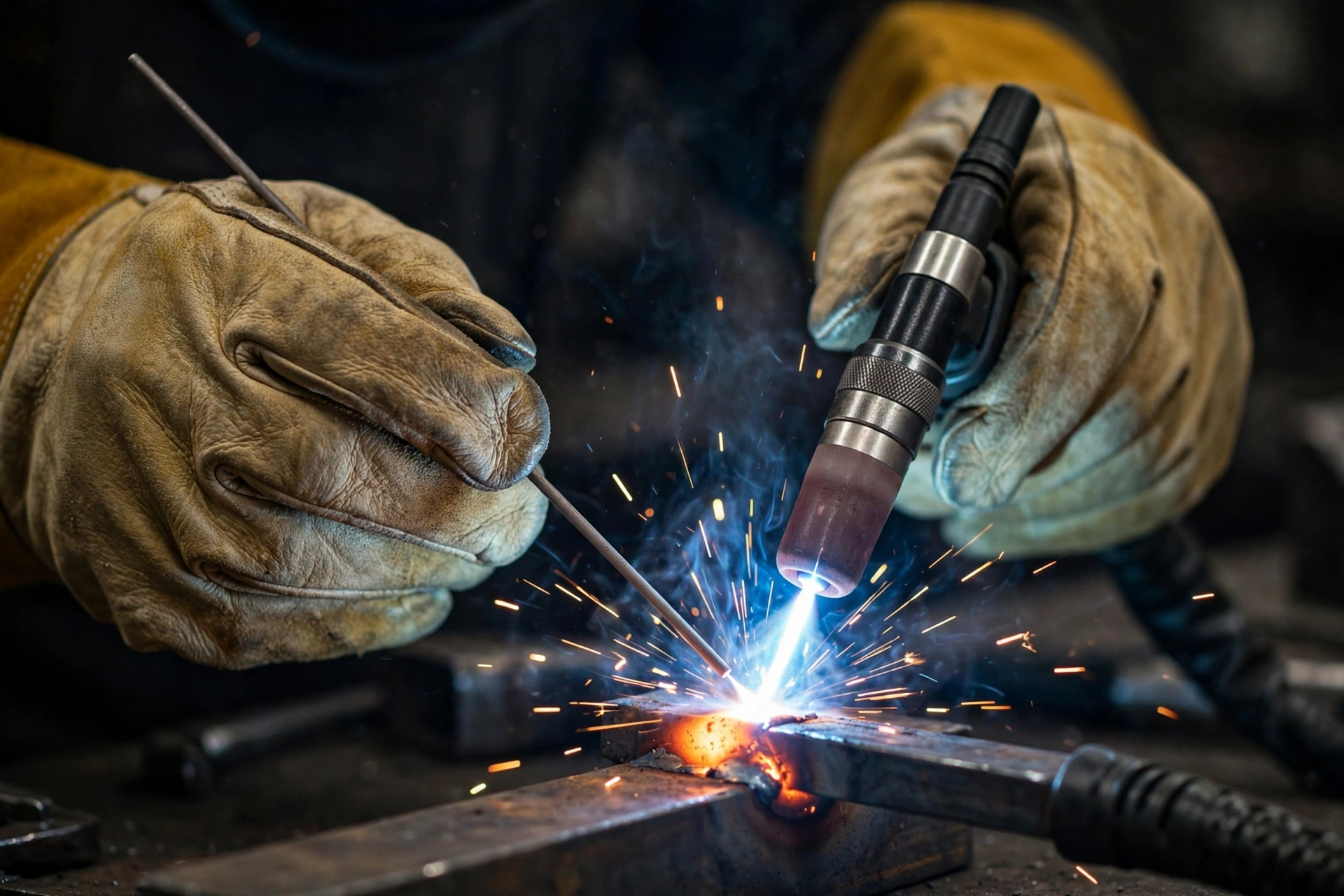 TIG welding gloves dexterity: welder's hands in thin leather gloves with torch