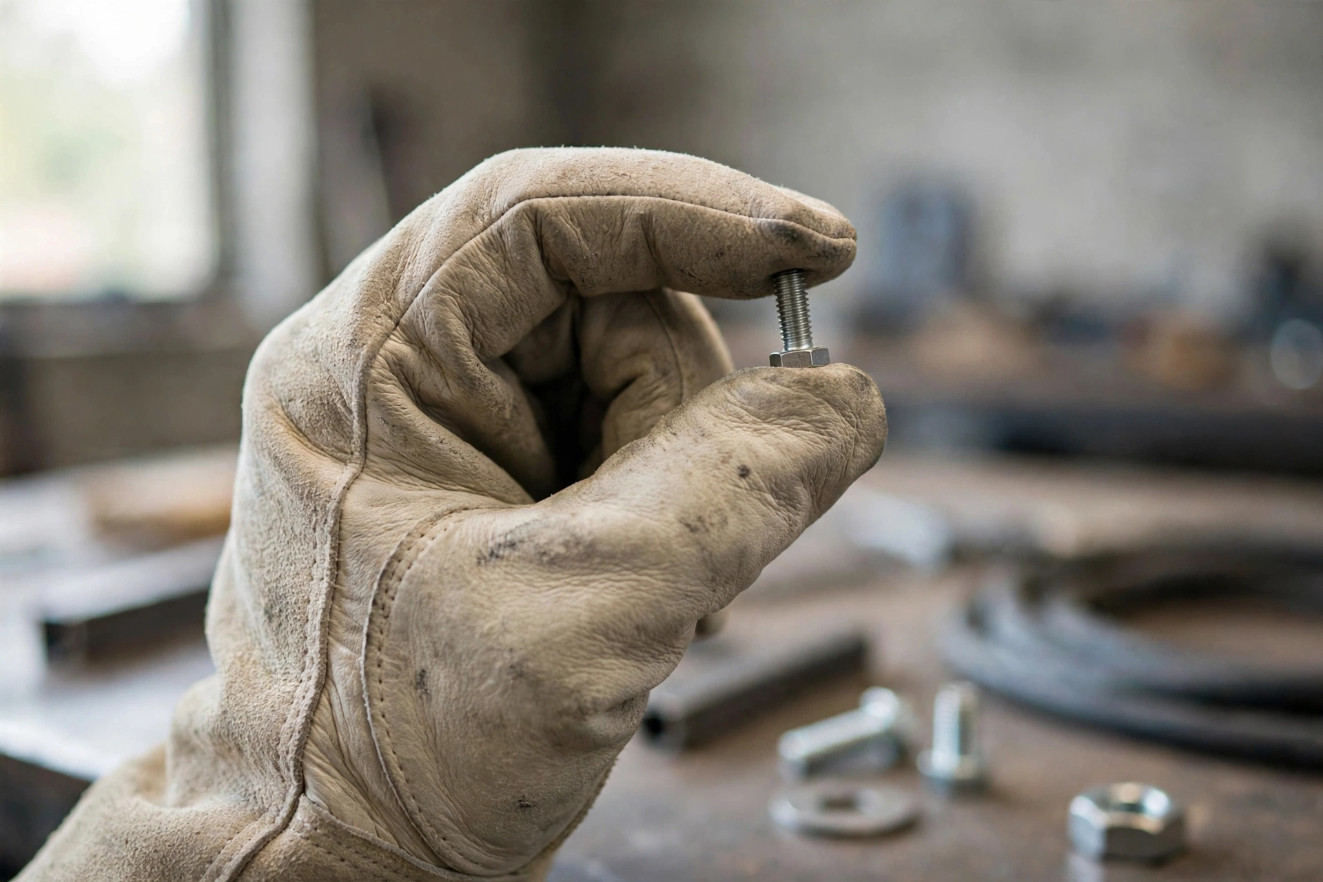 Close-up of hands in thin TIG welding gloves pinching a small bolt to demonstrate dexterity